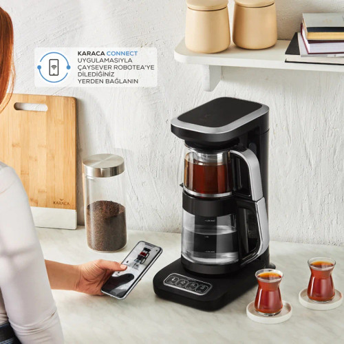 چای ساز وقهوه ساز رباتیک و سخنگوی کانکت کاراجا مدل شیشه ای Çaysever Robotea Pro 4 in 1 connect